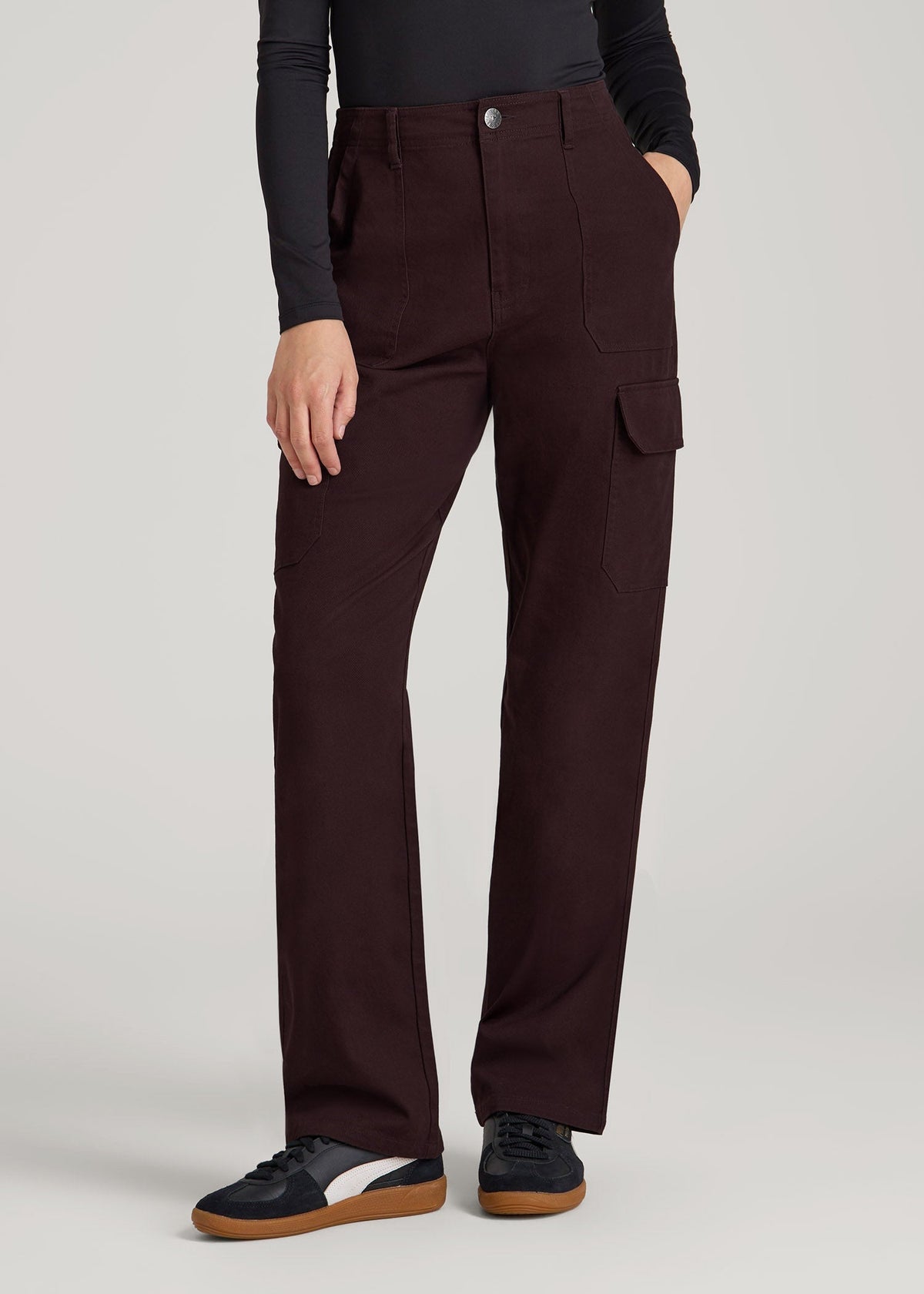 Straight Leg Cargo Chino Pants for Tall Women in Oxblood