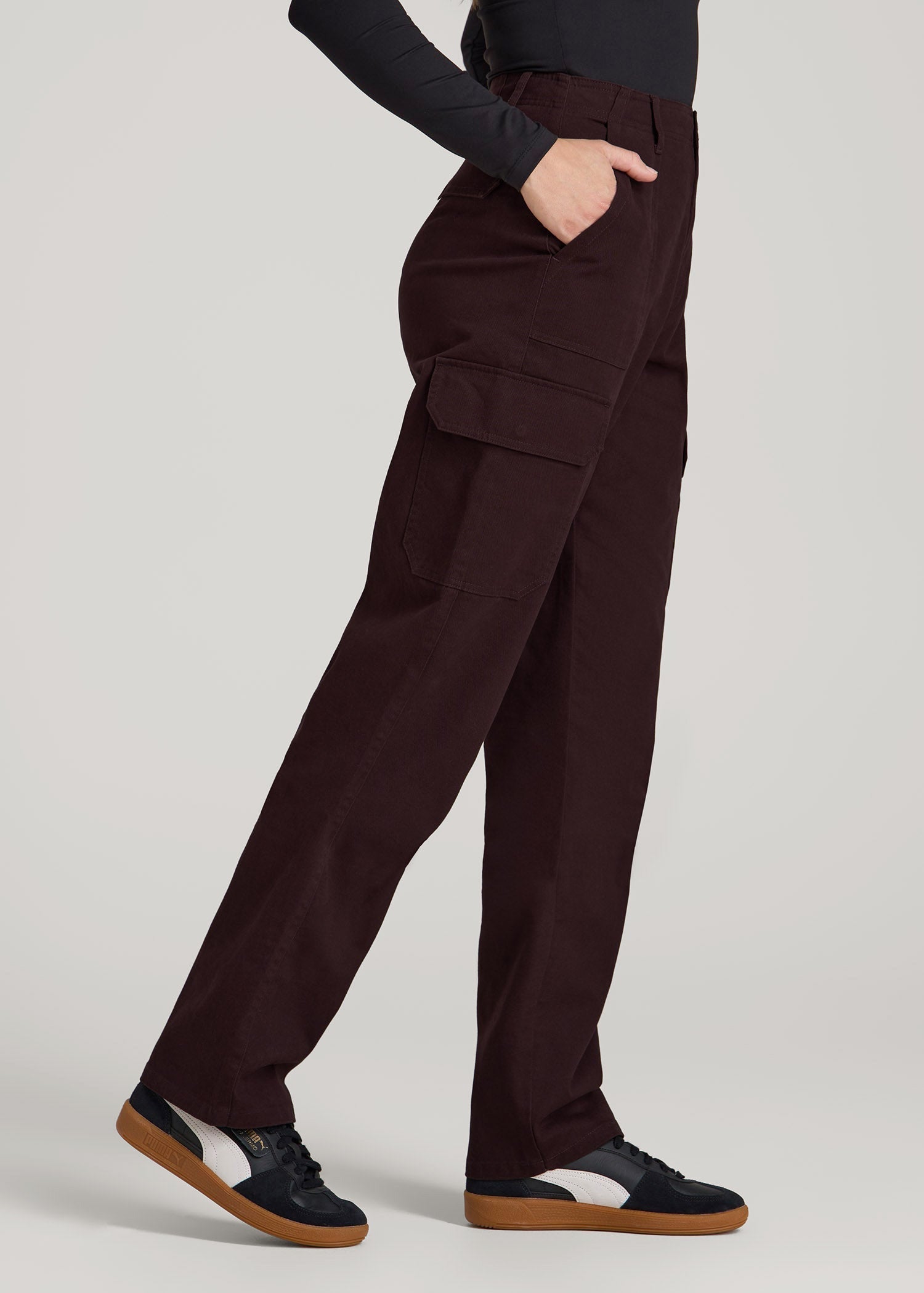 Straight Leg Cargo Chino Pants for Tall Women in Oxblood