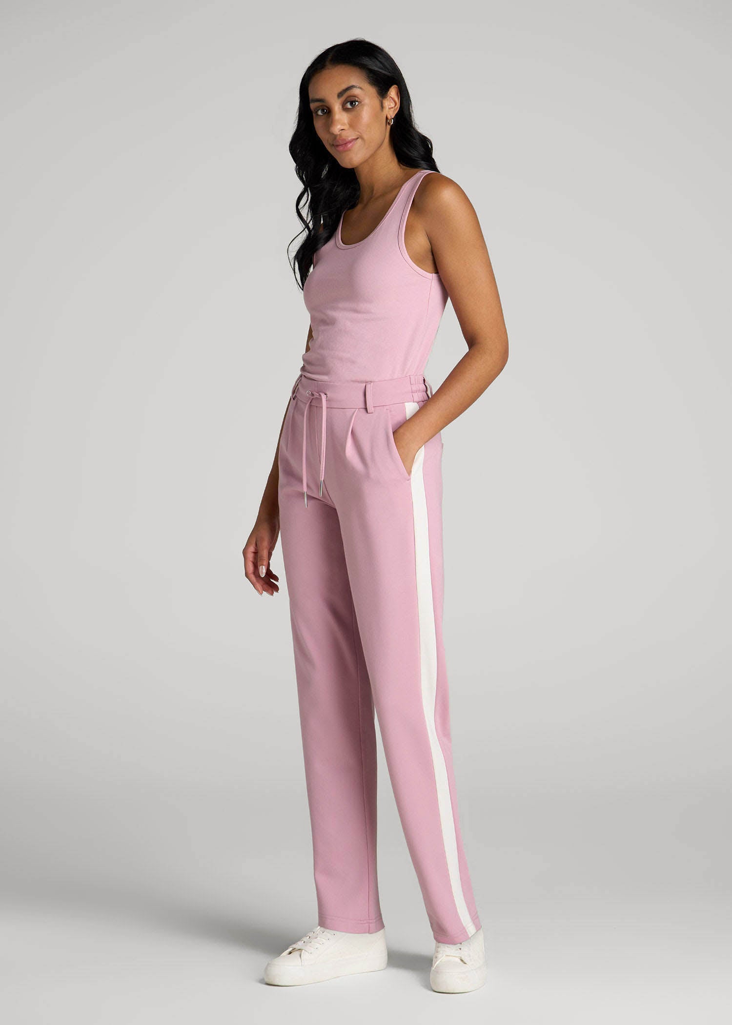 Pull On Tuxedo Stripe Pants for Tall Women in Pink Peony and White Alyssum