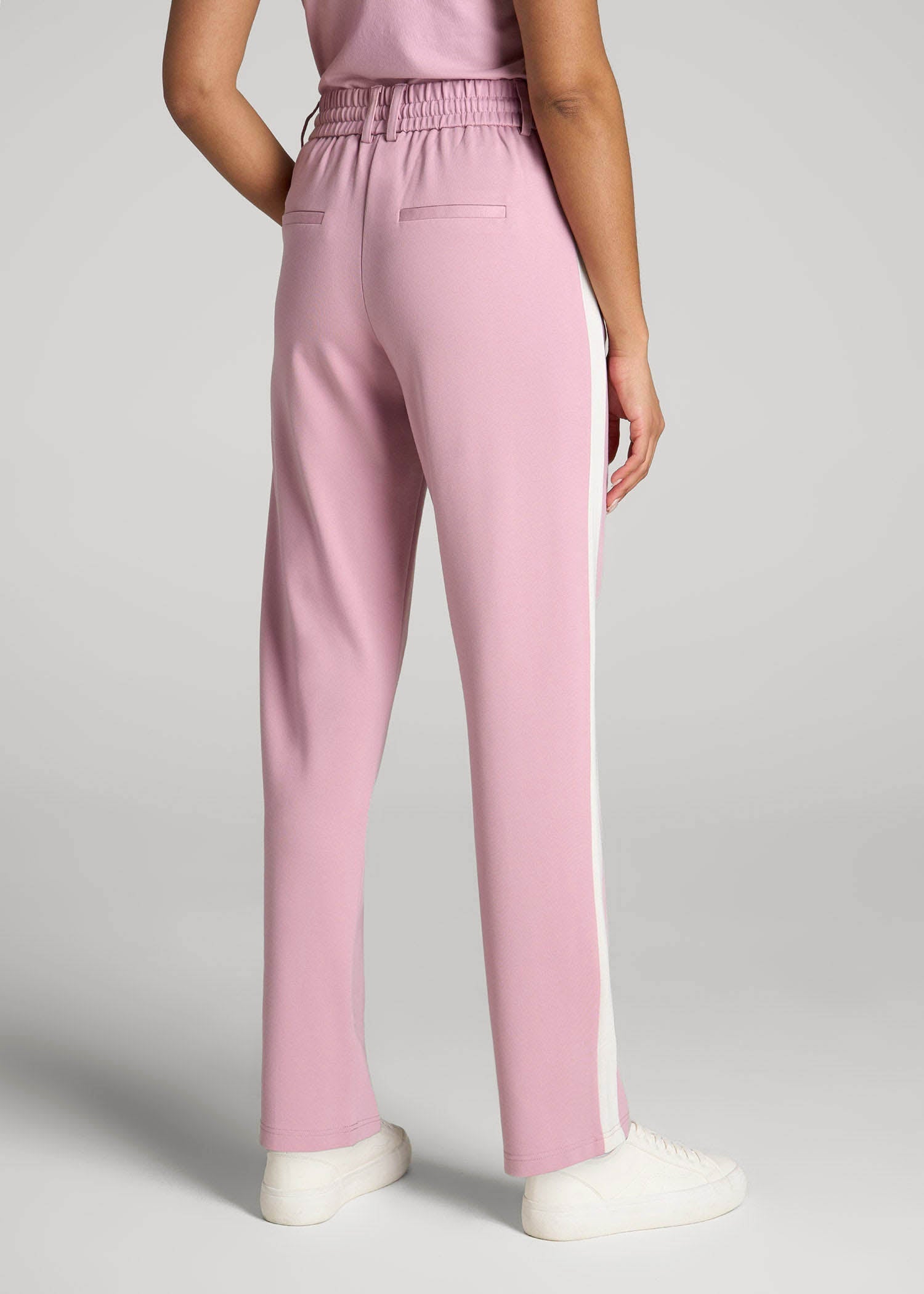 Pull On Tuxedo Stripe Pants for Tall Women in Pink Peony and White Alyssum