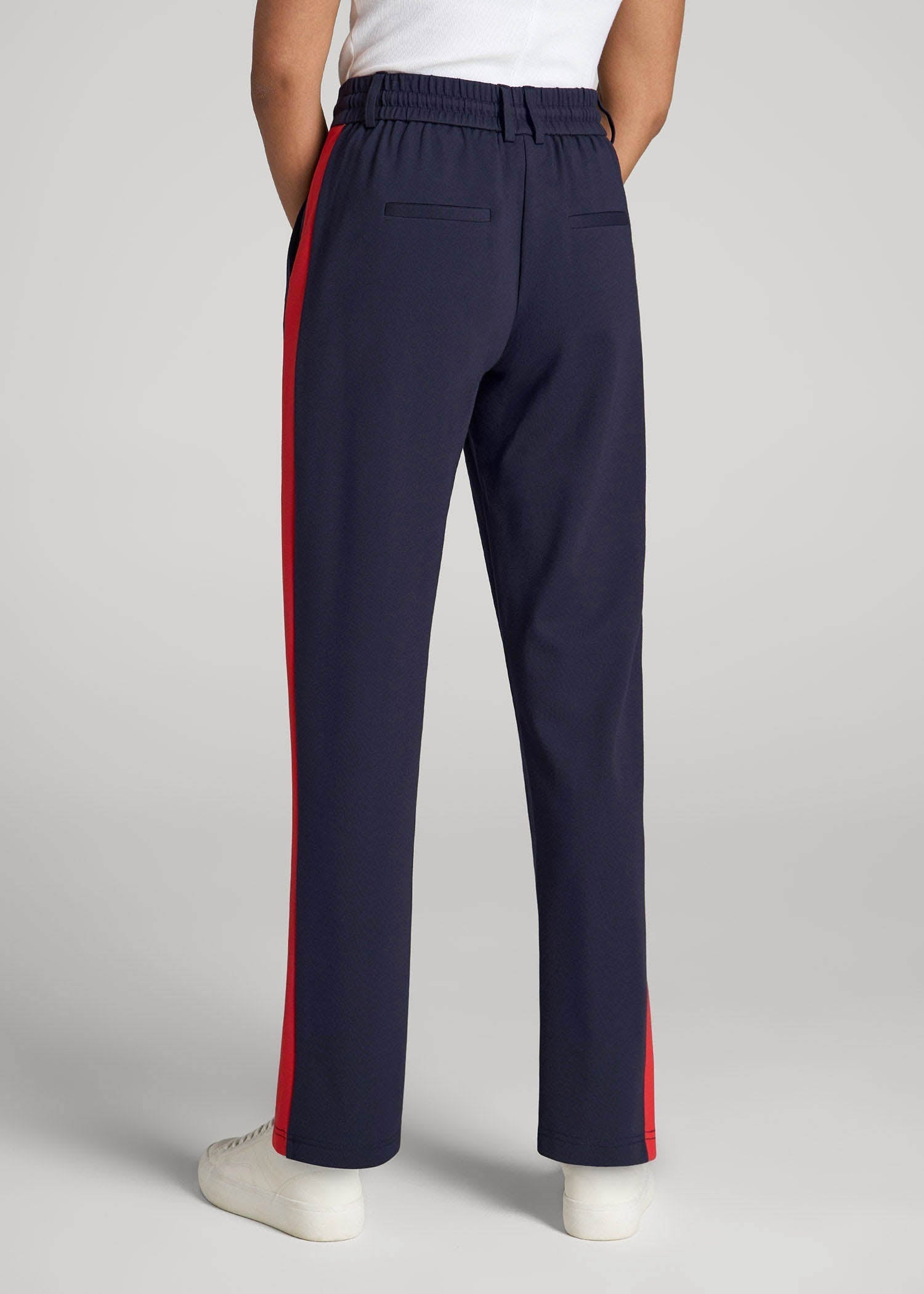 Pull On Tuxedo Stripe Pants for Tall Women in True Navy and Radiant Red