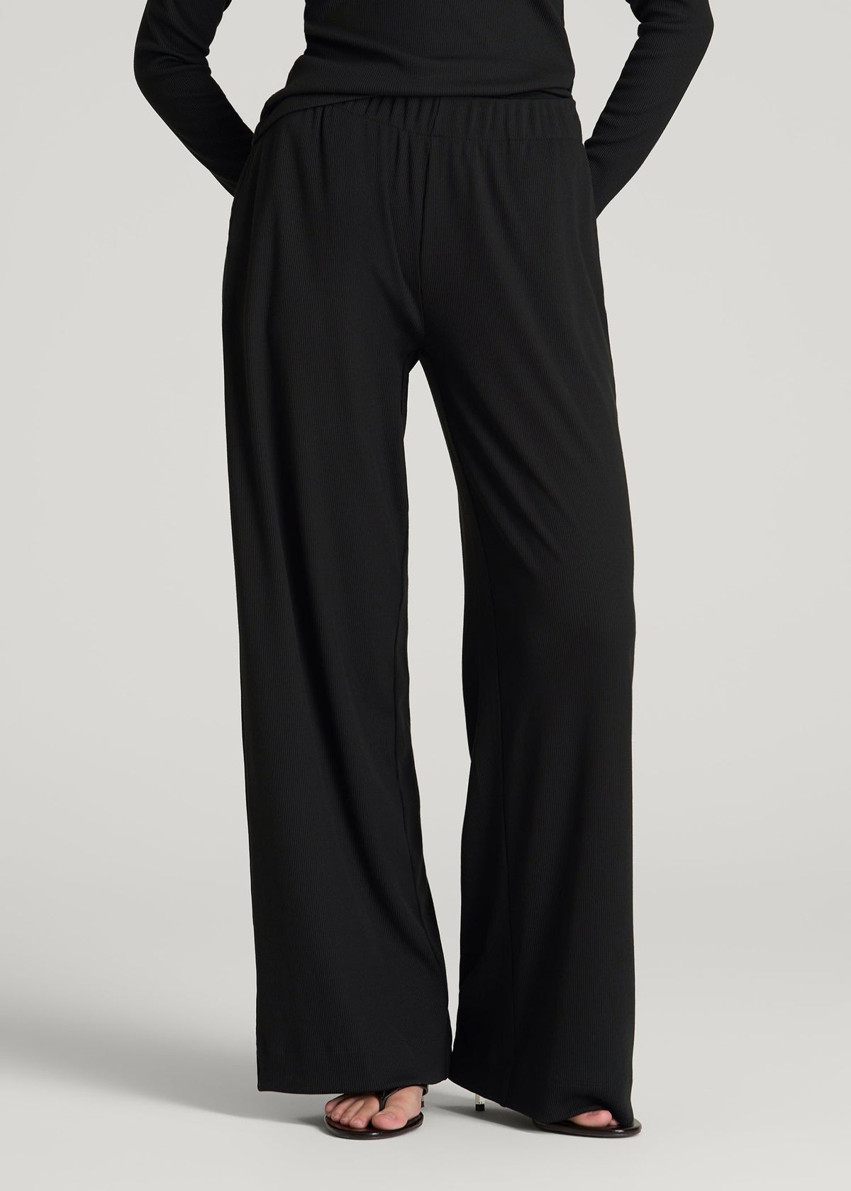 Ribbed Knit Wide Leg Pant for Tall Women in Deep Black