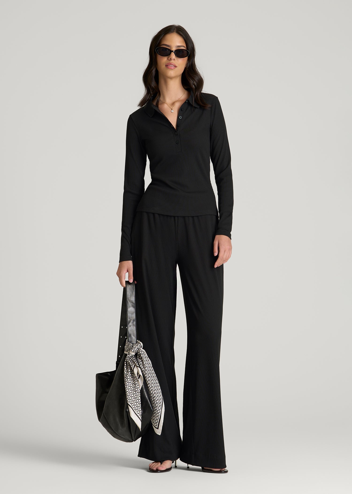 Ribbed Knit Wide Leg Pant for Tall Women in Deep Black