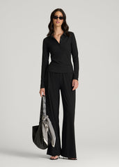 Ribbed Knit Wide Leg Pant for Tall Women in Deep Black