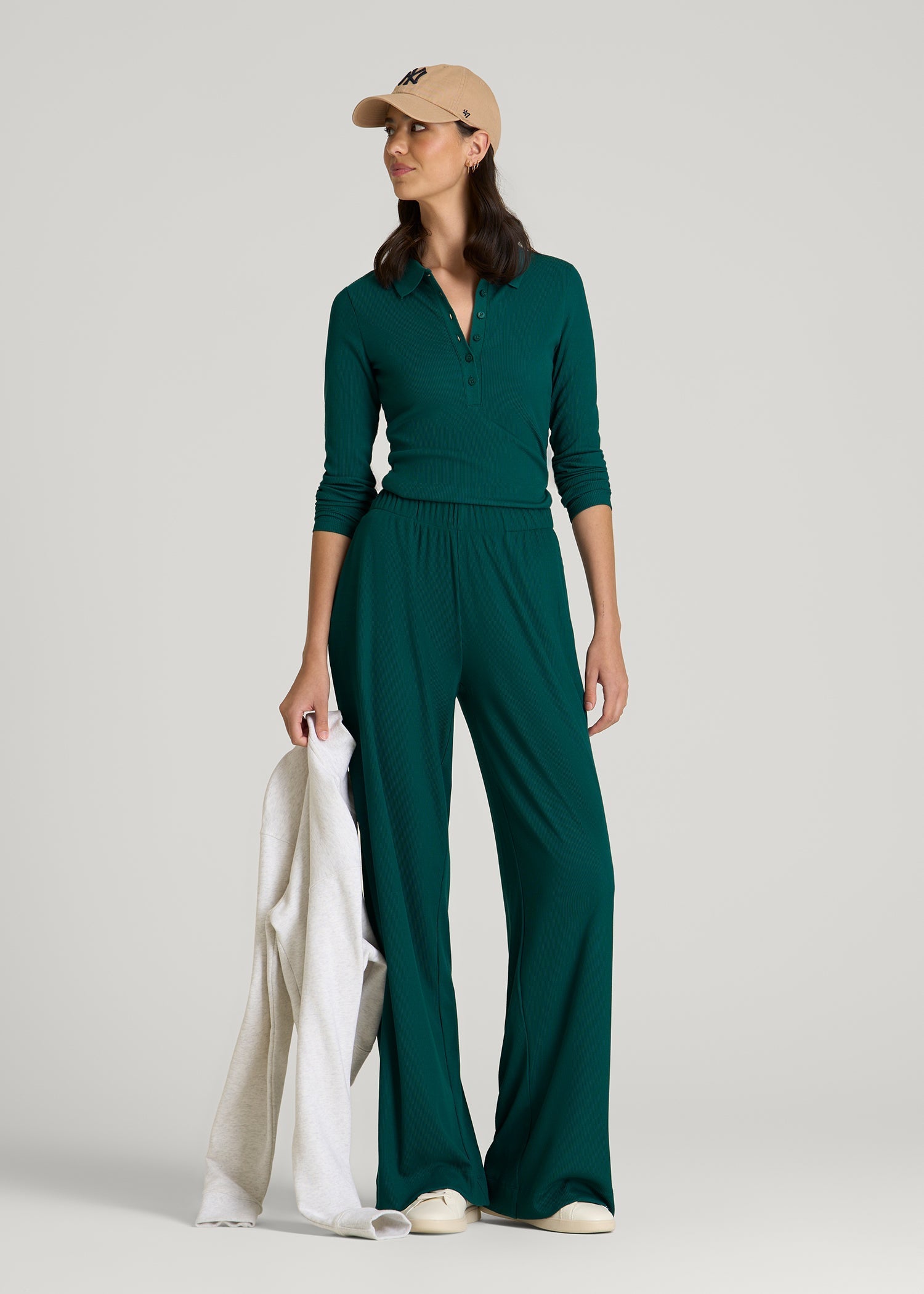 Ribbed Knit Wide Leg Pant for Tall Women in Deep Teal