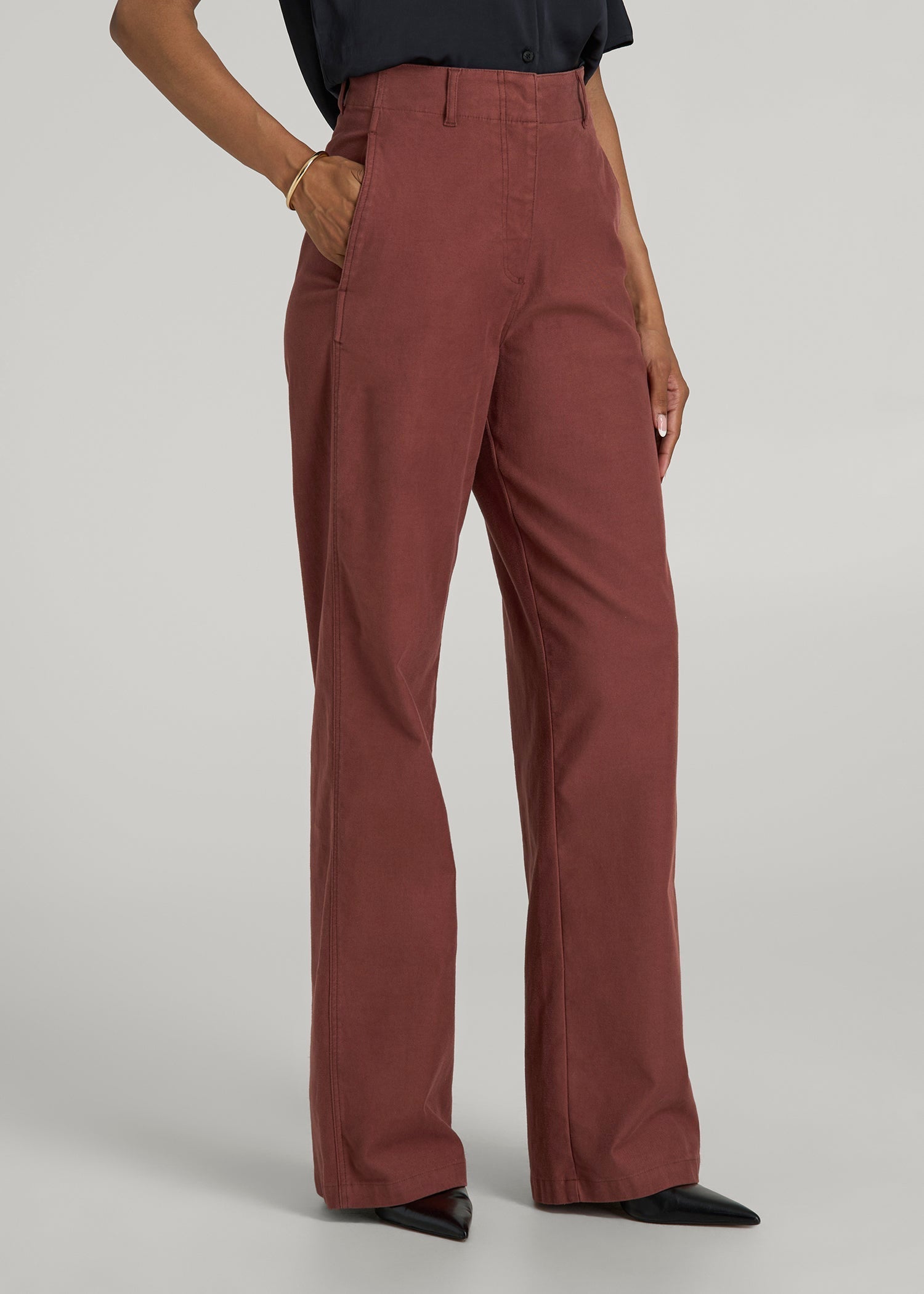 High Rise Wide Leg Flat Front Chinos for Tall Women in Intense Rust
