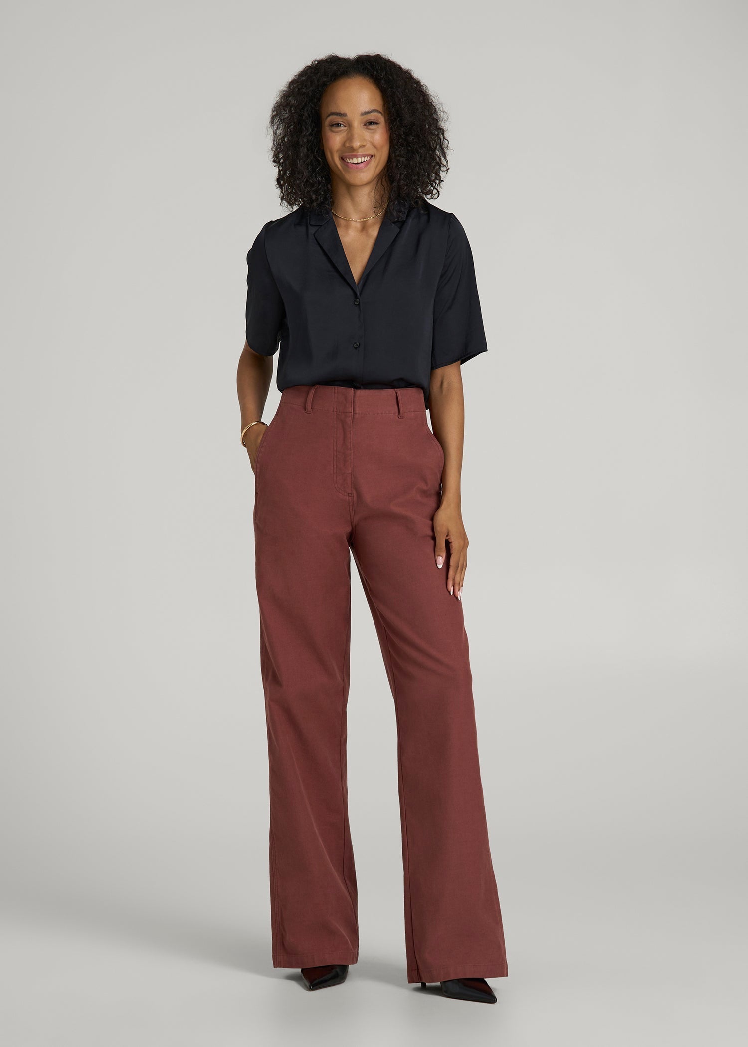 High Rise Wide Leg Flat Front Chinos for Tall Women in Intense Rust