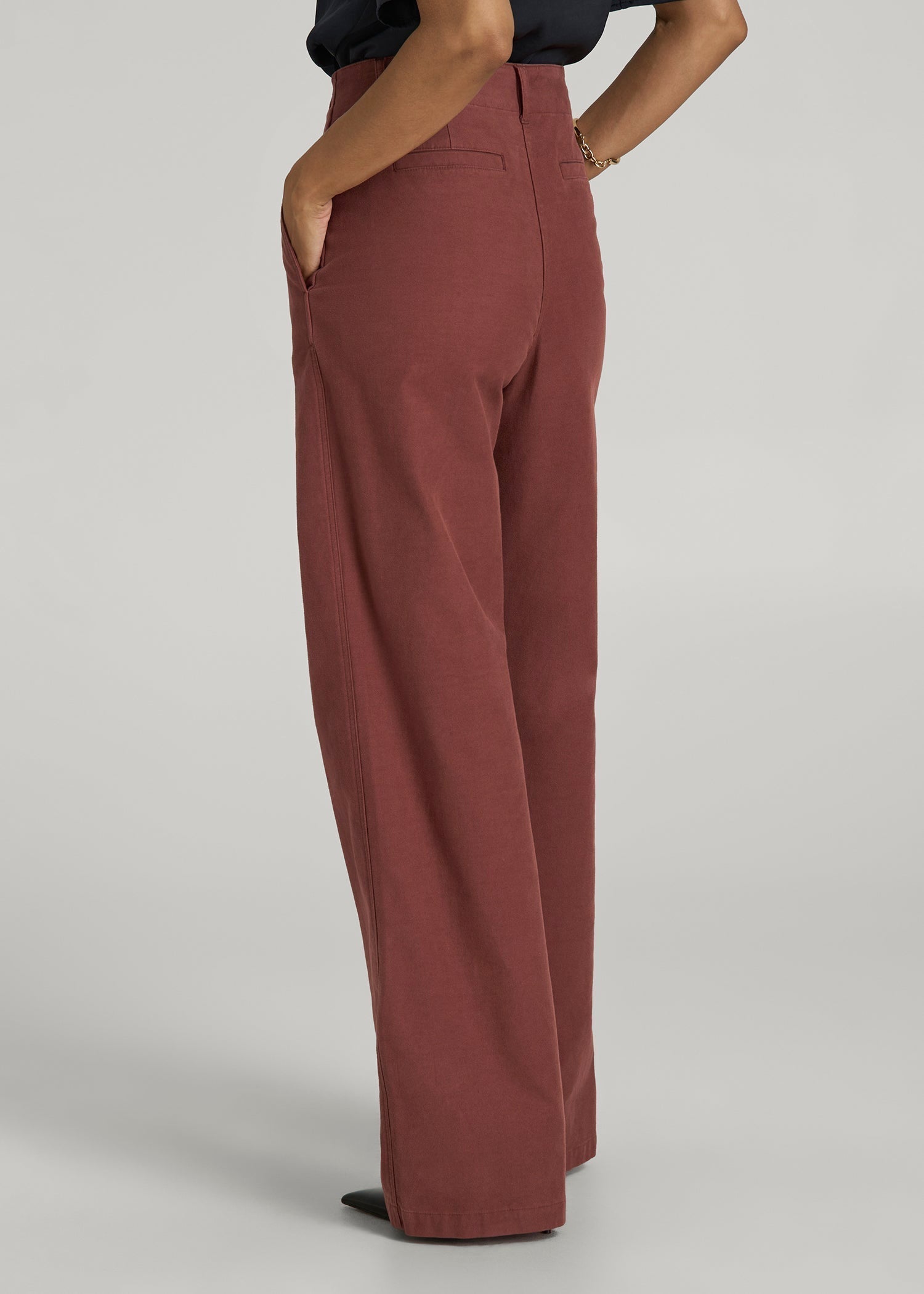 High Rise Wide Leg Flat Front Chinos for Tall Women in Intense Rust